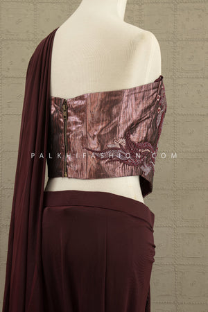 🍷 Midnight Muse: Wine Sculpted Drape Saree with Beaded Corset Blouse – Palkhi Fashion