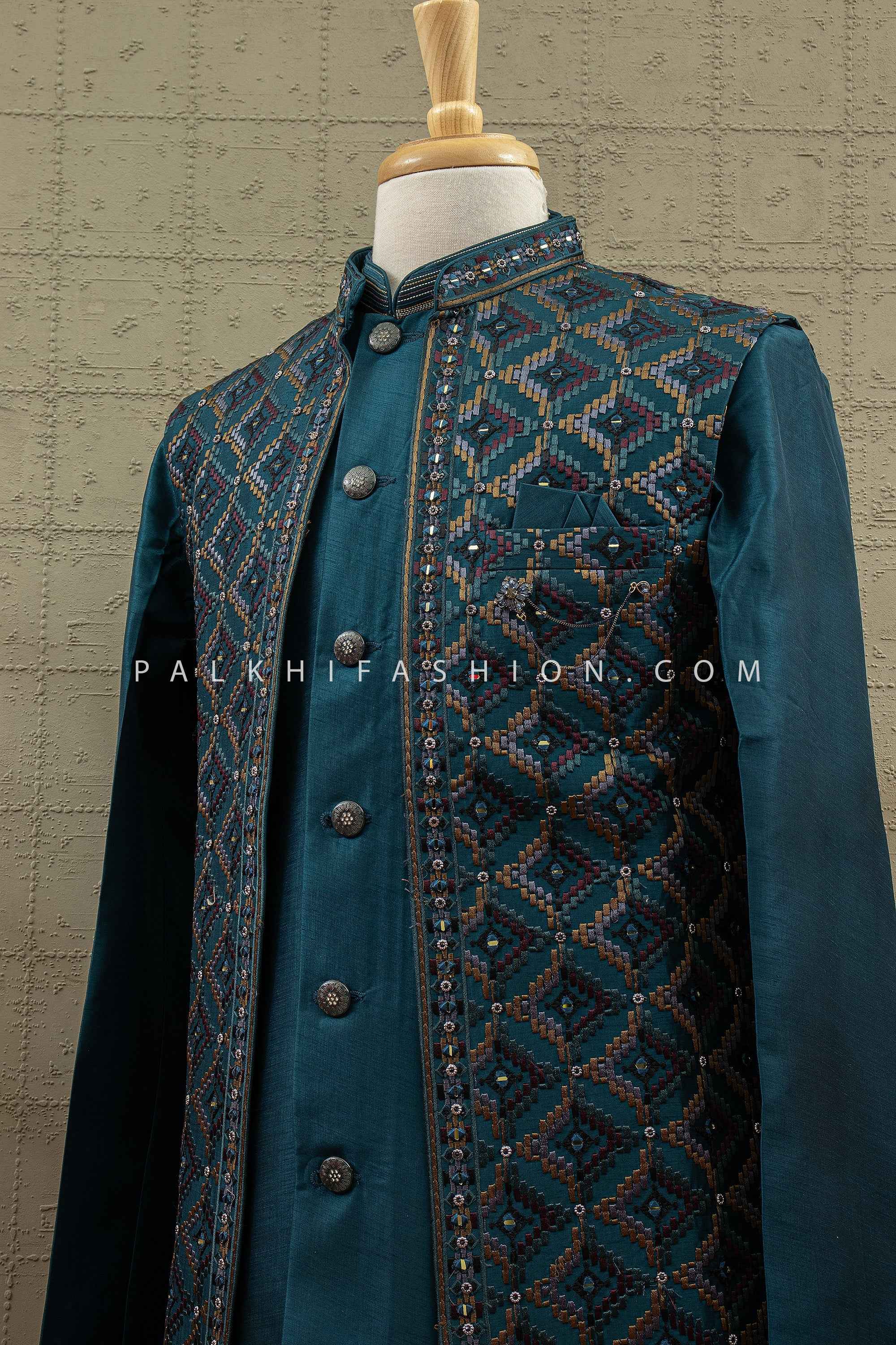Midnight Regal Edge - Dark Teal Open Jacket Indo Western Kurta Set – Palkhi Fashion