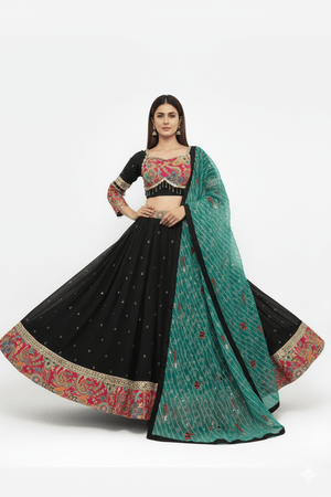 ✨ Midnight Reverie: Black Mirror - Work Chaniya Choli with Sea - Green Dupatta – Palkhi Fashion