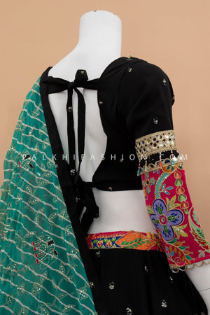✨ Midnight Reverie: Black Mirror - Work Chaniya Choli with Sea - Green Dupatta – Palkhi Fashion