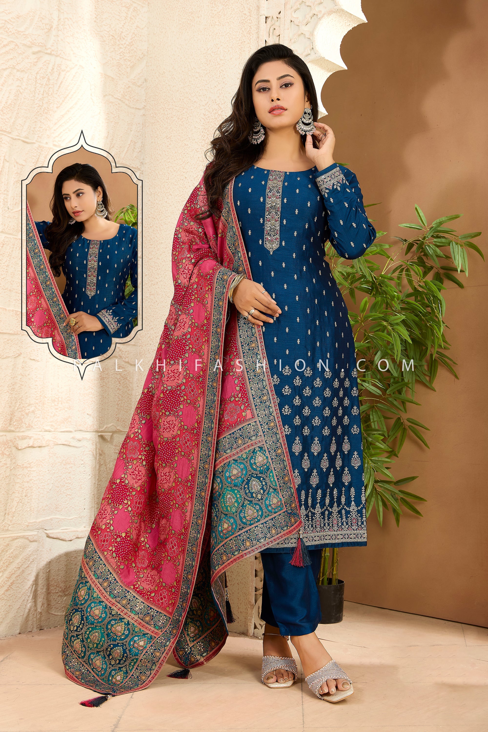 Midnight Teal Royale: Embroidered Straight Suit with Banarasi Silk Dupatta ā Palkhi Fashion