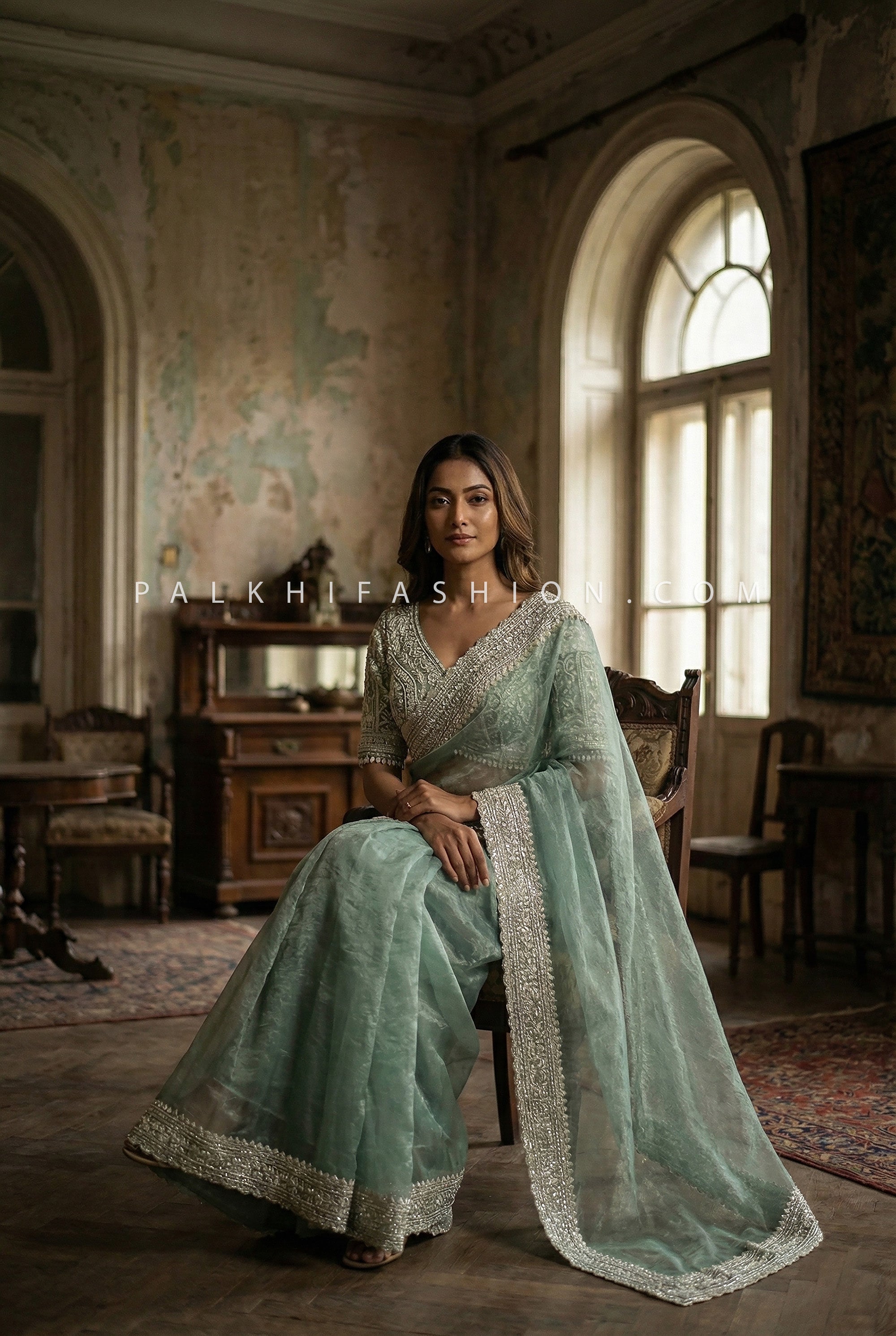 Mint Aura — Teal Organza Silk Saree with Embroidered Pearl Border & Designer Blouse | Palkhi Fashion
