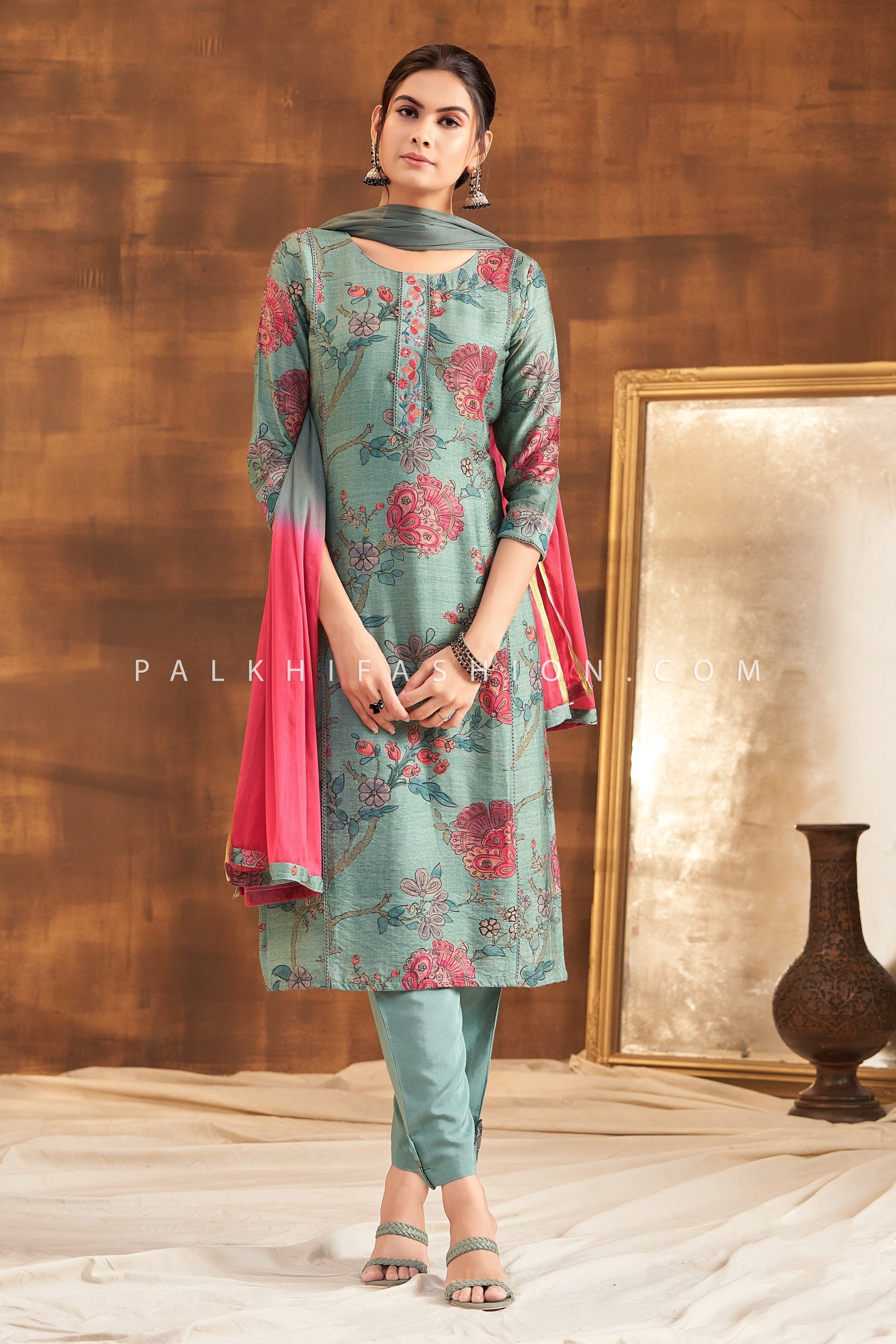 Mint Majesty: Green - Cyan Straight Suit with Chikankari & Prints – Palkhi Fashion