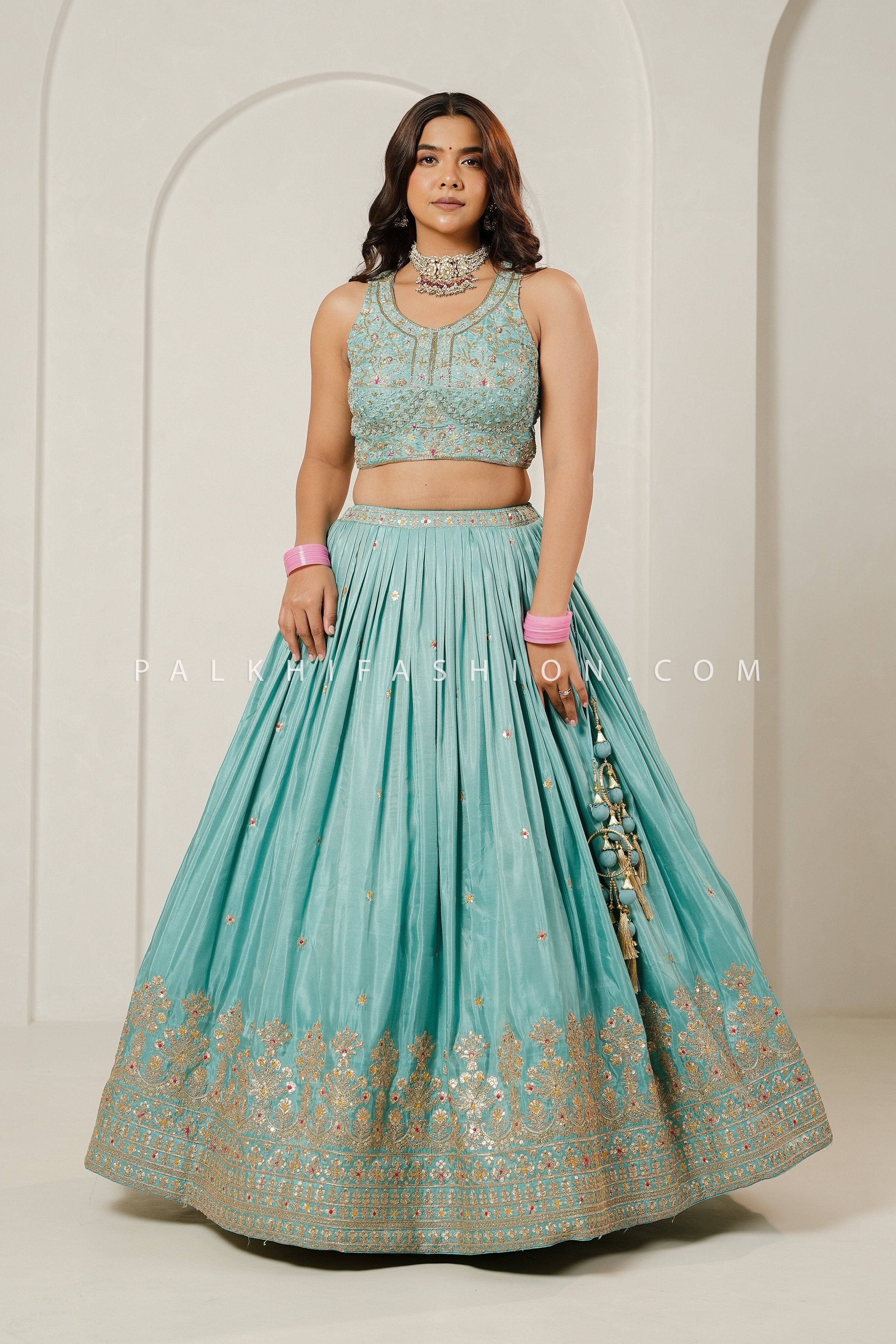 Mist Blue Elegance: Light Blue Designer Lehenga Choli with Multicolor Embroidery – Palkhi Fashion