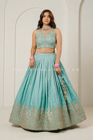 Mist Blue Elegance: Light Blue Designer Lehenga Choli with Multicolor Embroidery – Palkhi Fashion