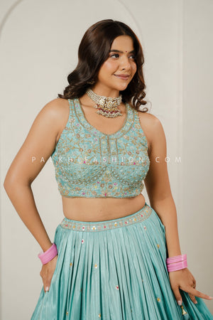 Mist Blue Elegance: Light Blue Designer Lehenga Choli with Multicolor Embroidery – Palkhi Fashion