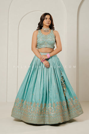 Mist Blue Elegance: Light Blue Designer Lehenga Choli with Multicolor Embroidery – Palkhi Fashion