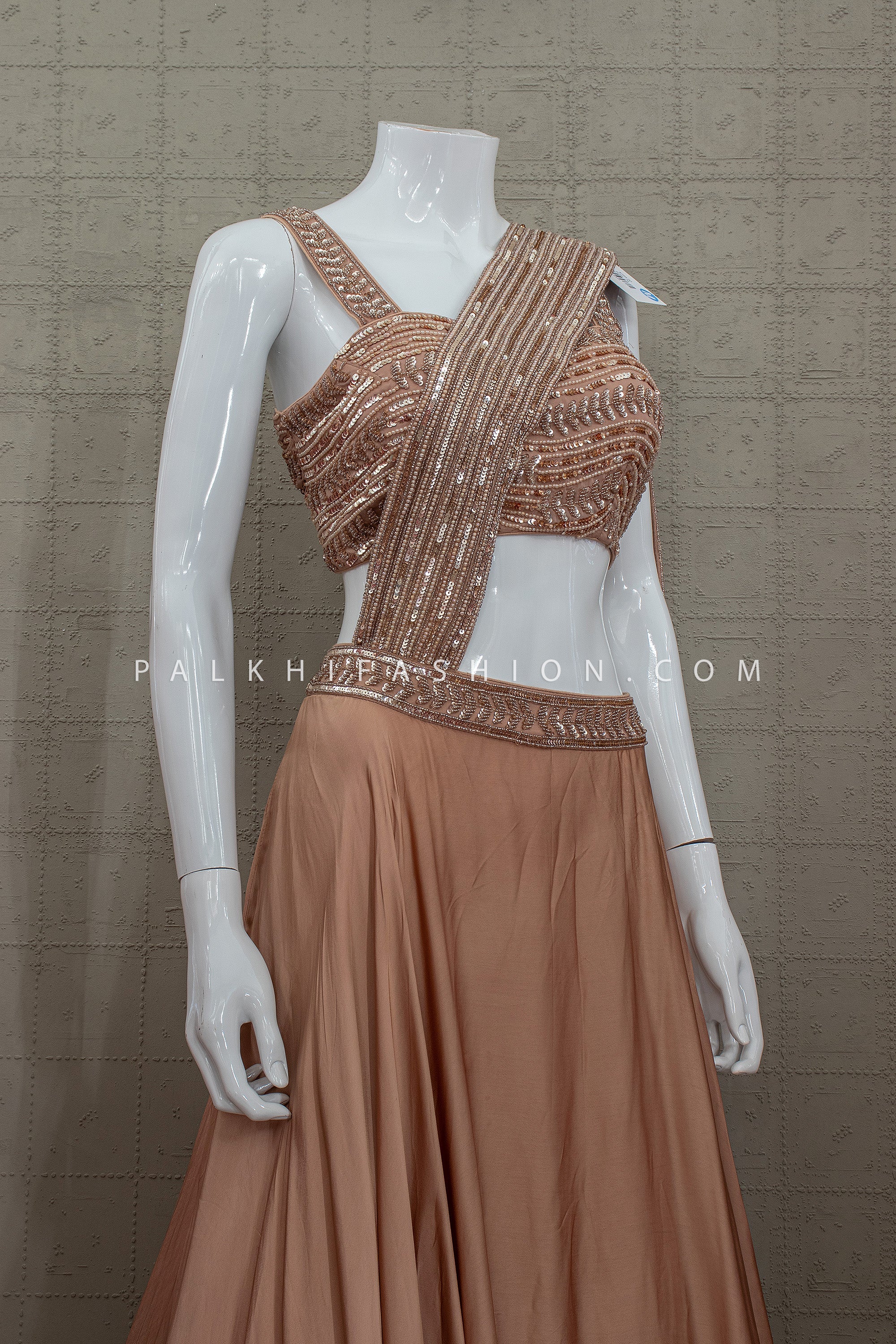 Modern Drape Glam – Metallic French Beige Pre - Draped Designer Lehenga – Palkhi Fashion
