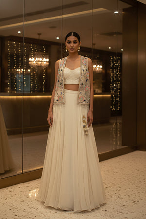 Modern Muse: Champagne Hand - Embroidered Jacket Lehenga Set – Palkhi Fashion