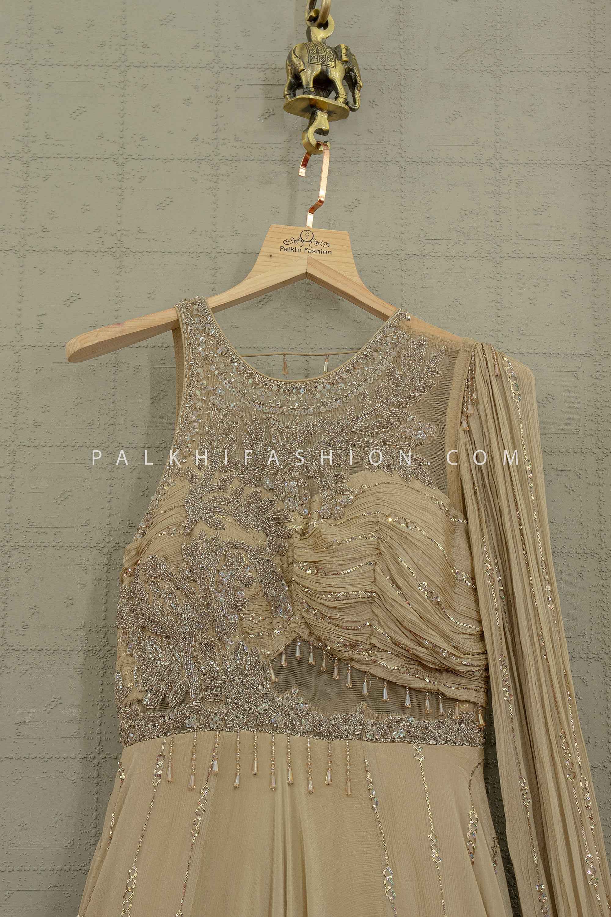 Modern Regal Aura - Champagne Gold Indo Western Gown with Embroidered Bodice – Palkhi Fashion