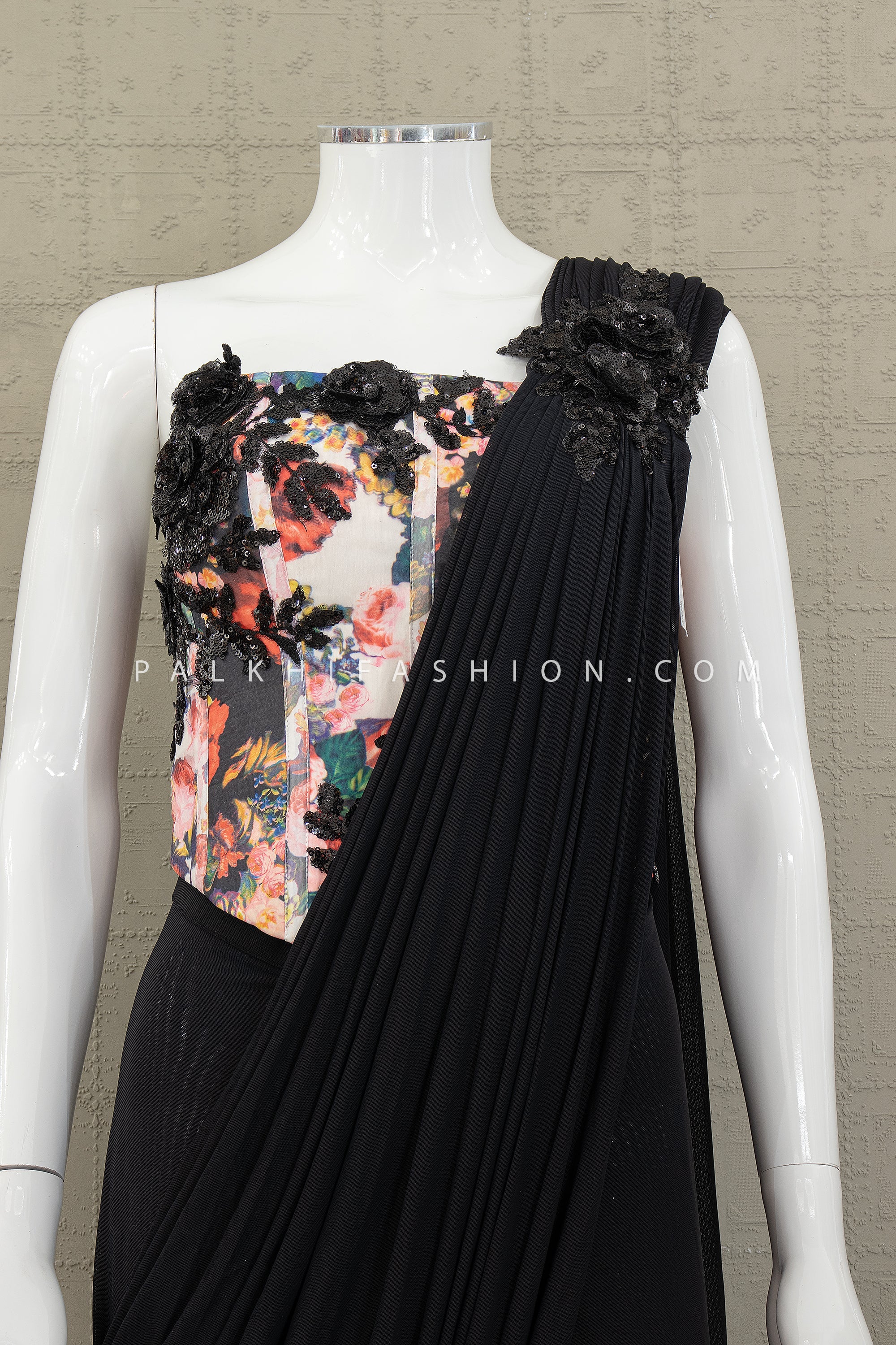 Modern Statement — Black Draped Saree with 3D Floral Corset Top | Palkhi Fashion USA