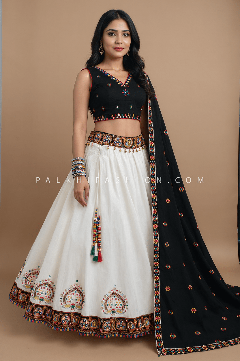 🖤 Monochrome Magic: Black & White Chaniya Choli with Multi color Embroidery – Palkhi Fashion