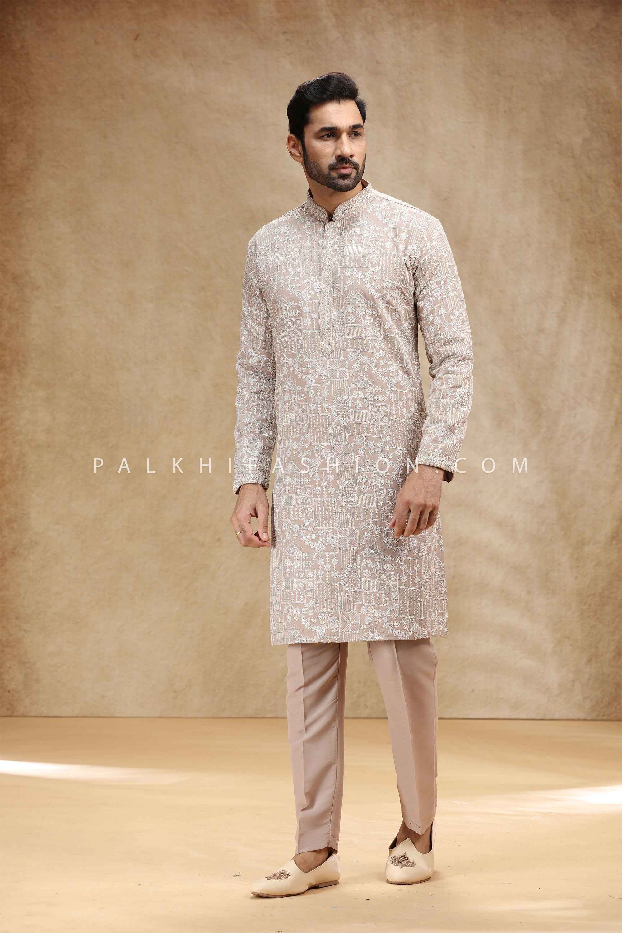 Mughal Grid — Morning Blue Soft Silk Embroidered Kurta Set | Palkhi Fashion Houston