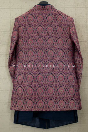 Mulberry Royale: Wine Jacquard Indo Western with Navy Accents – Palkhi Fashion