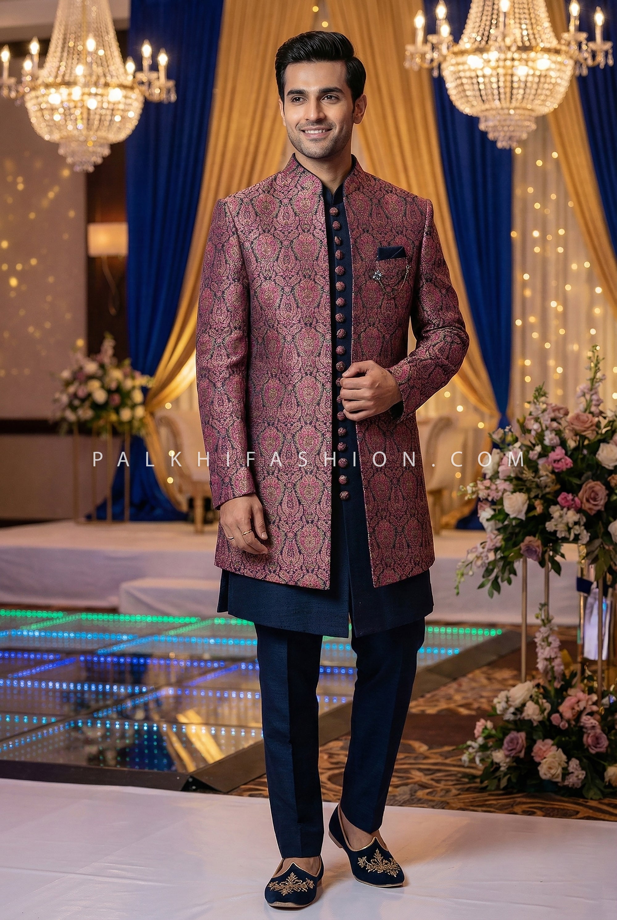 Mulberry Royale: Wine Jacquard Indo Western with Navy Accents – Palkhi Fashion