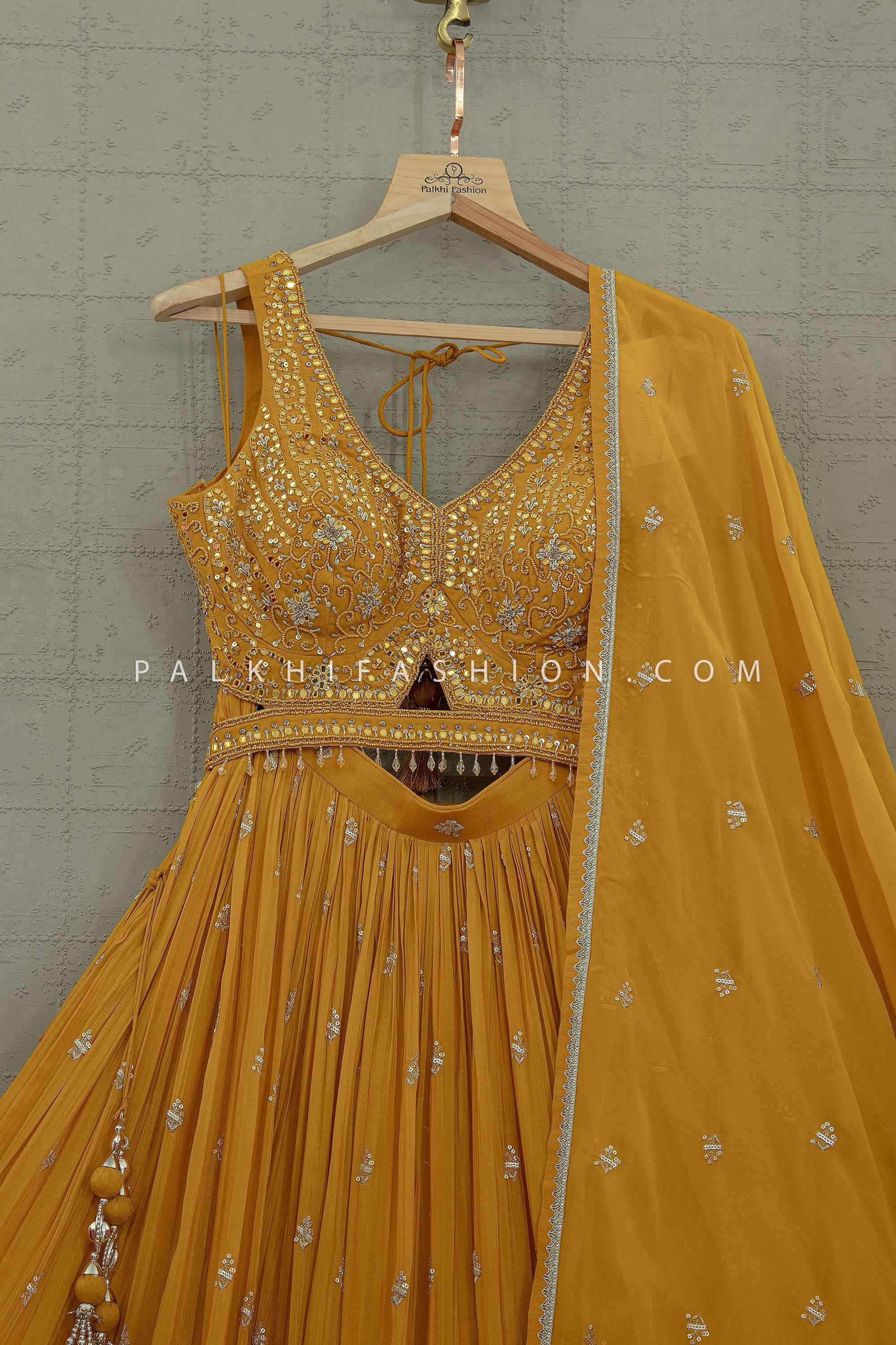 Mustard Yellow Chinon Silk Designer Lehenga With Handwork Blouse– Palkhi Fashion