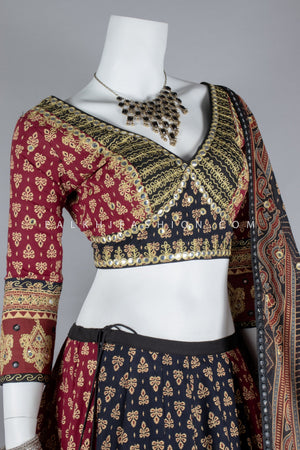 Navratri Special Ajarakh Chaniya Choli Set with Aari & Thread Work