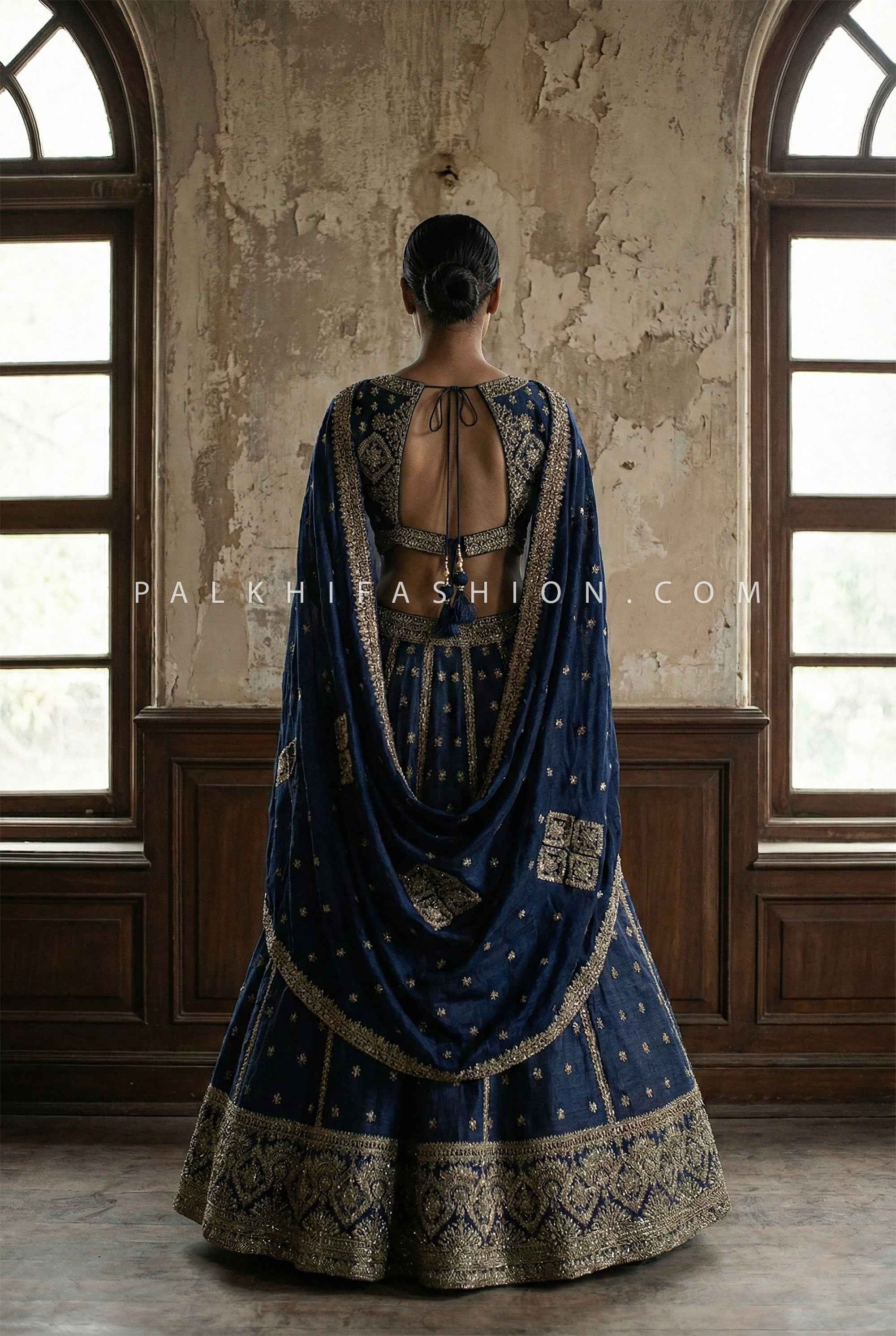 Navy Blue Bridesmaid Lehenga with Antique Zari Embroidery | Palkhi Fashion