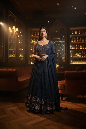 Nightfall Couture: Dark Blue Designer Lehenga Choli with Bead work Blouse – Palkhi Fashion