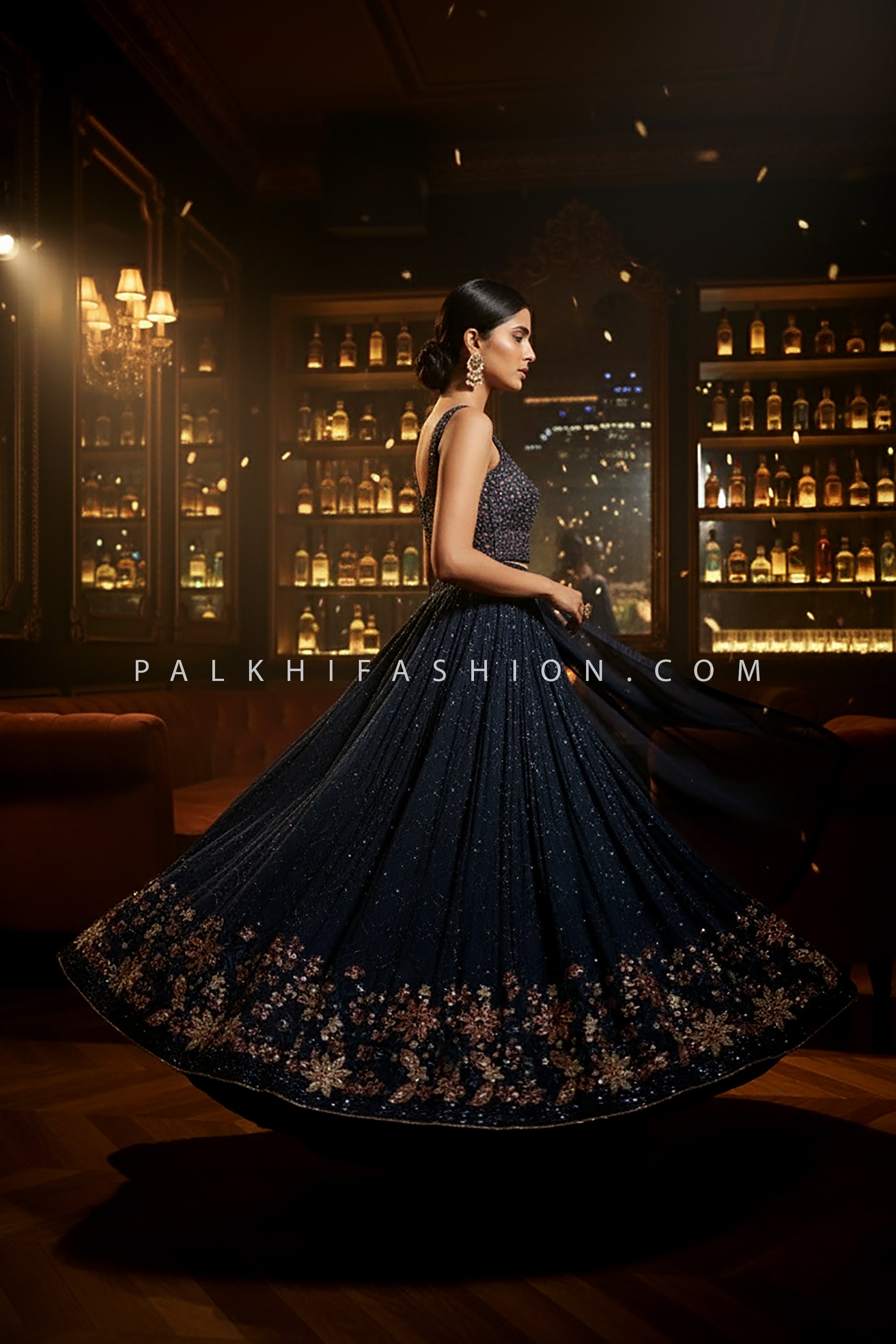 Nightfall Couture: Dark Blue Designer Lehenga Choli with Bead work Blouse – Palkhi Fashion
