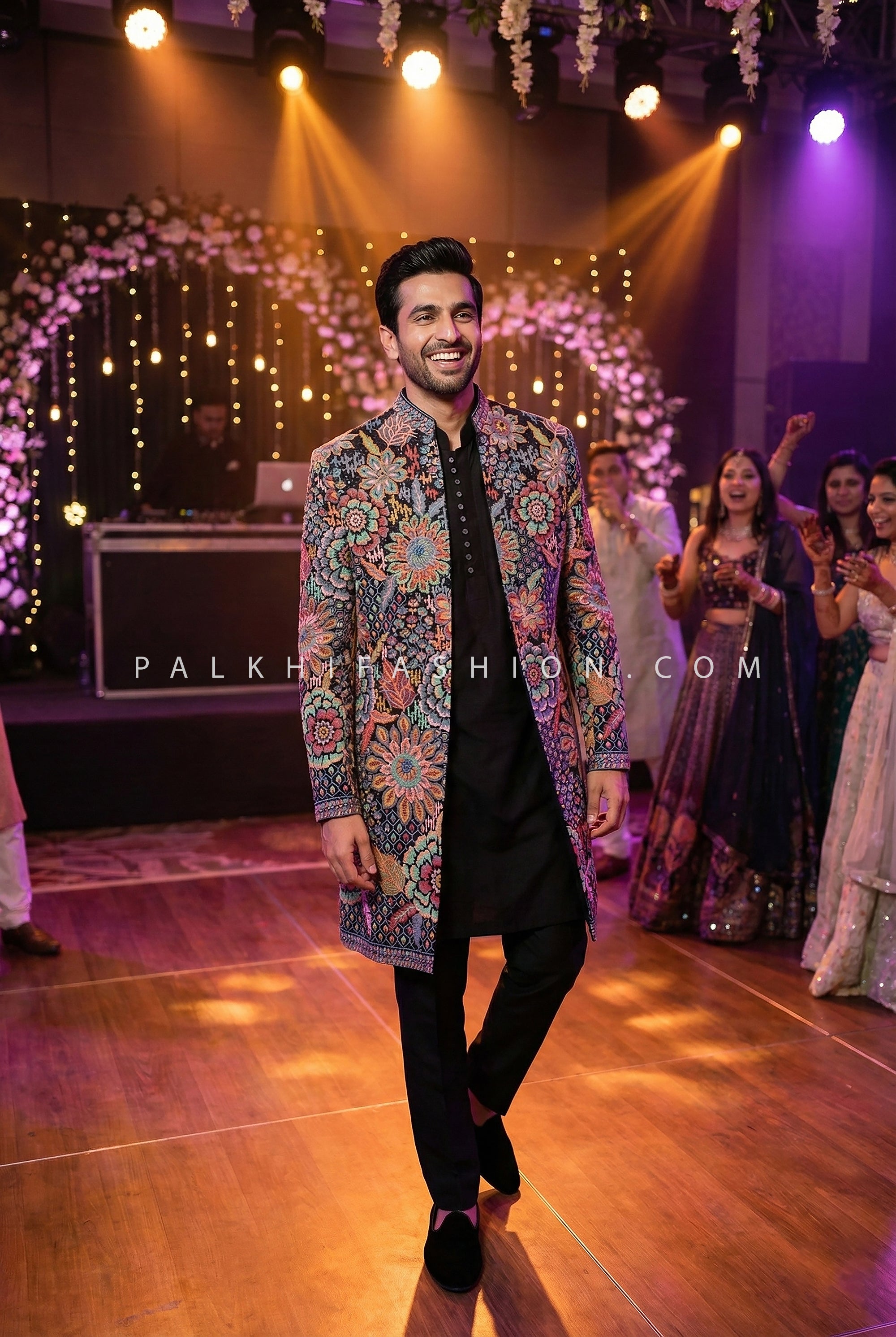 Noir Bloom Royale: Designer Black Silk Indo Western Jacket with Vibrant Thread & Embossed Work – Palkhi Fashion