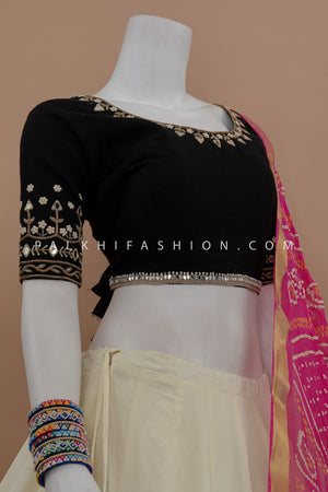 Noir Elegance: Off - White & Black Chaniya Choli with Pink Bandhani Dupatta – Palkhi Fashion