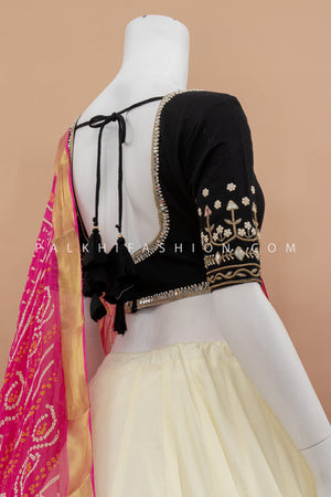 Noir Elegance: Off - White & Black Chaniya Choli with Pink Bandhani Dupatta – Palkhi Fashion
