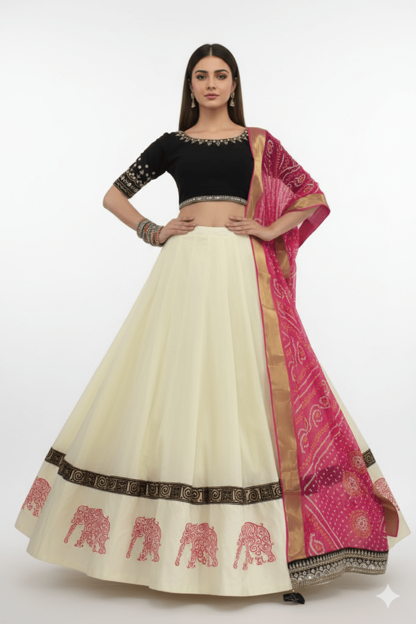 Noir Elegance: Off - White & Black Chaniya Choli with Pink Bandhani Dupatta – Palkhi Fashion