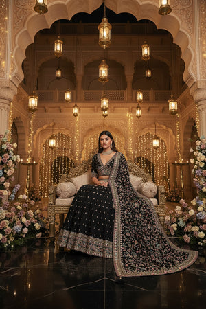 🖤 Noir Elegance: Thread - Embroidered Black Lehenga Choli Set by Palkhi Fashion