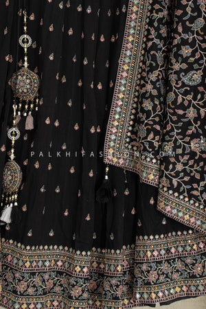 🖤 Noir Elegance: Thread - Embroidered Black Lehenga Choli Set by Palkhi Fashion