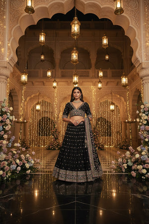 🖤 Noir Elegance: Thread - Embroidered Black Lehenga Choli Set by Palkhi Fashion