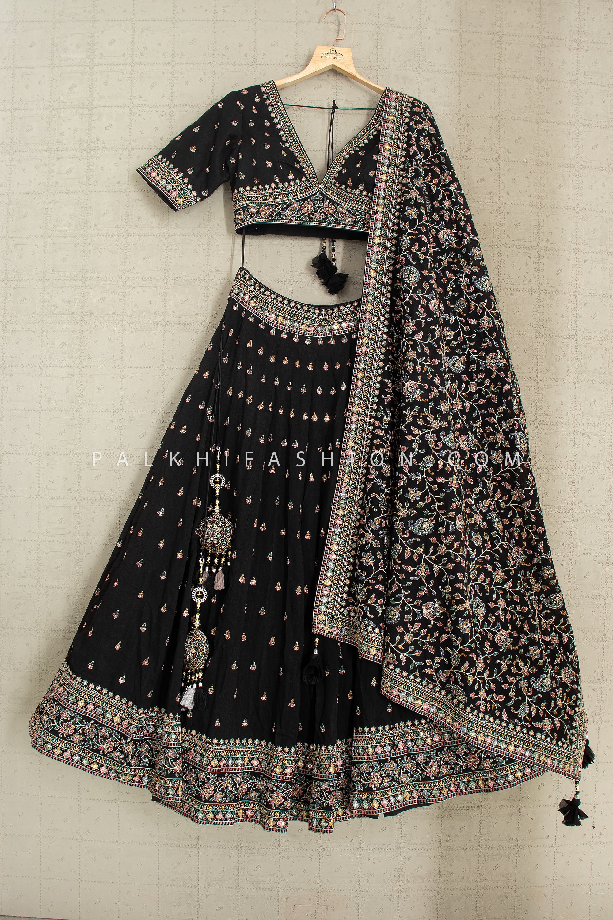 🖤 Noir Elegance: Thread - Embroidered Black Lehenga Choli Set by Palkhi Fashion