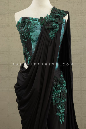 🖤 Noir Enchanté: Black & Teal Sculpted Drape Saree with 3D Floral Embellishments – Palkhi Fashion