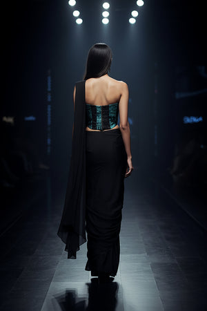 🖤 Noir Enchanté: Black & Teal Sculpted Drape Saree with 3D Floral Embellishments – Palkhi Fashion