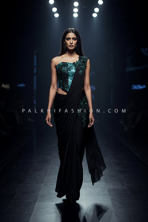 🖤 Noir Enchanté: Black & Teal Sculpted Drape Saree with 3D Floral Embellishments – Palkhi Fashion