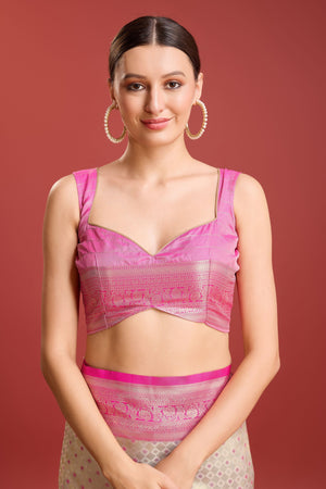 Off - White & Pink Kanjivaram Silk Saree with Elegant Weaving – Palkhi Fashion