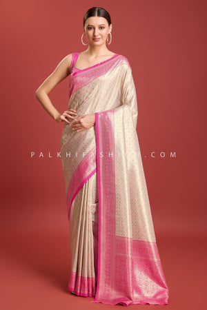 Off - White & Pink Kanjivaram Silk Saree with Elegant Weaving – Palkhi Fashion