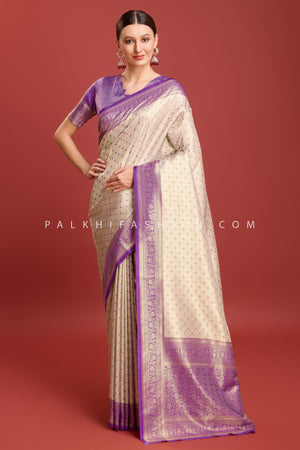 Off - White & Purple Kanjivaram Silk Saree with Elegant Weaving – Palkhi Fashion