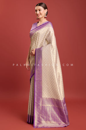 Off - White & Purple Kanjivaram Silk Saree with Elegant Weaving – Palkhi Fashion