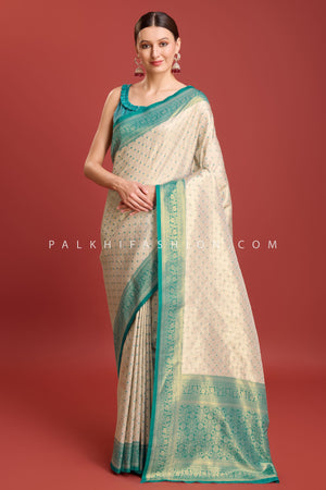 Off - White & Teal Green Kanjivaram Silk Saree with Elegant Weaving – Palkhi Fashion