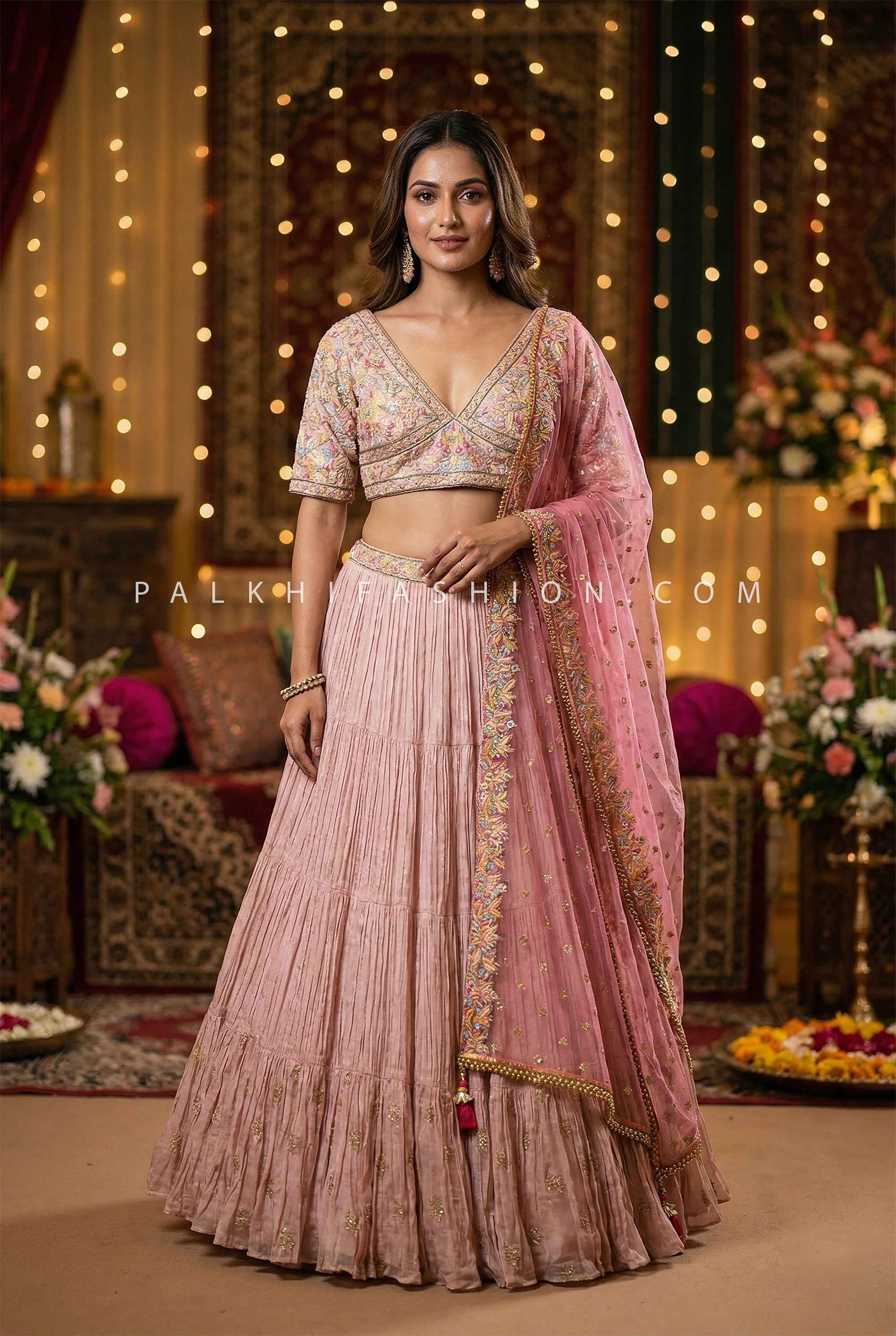 Pastel Bloom- Light Pink Embroidered Lehenga Set with Contrast Dupatta – Palkhi Fashion