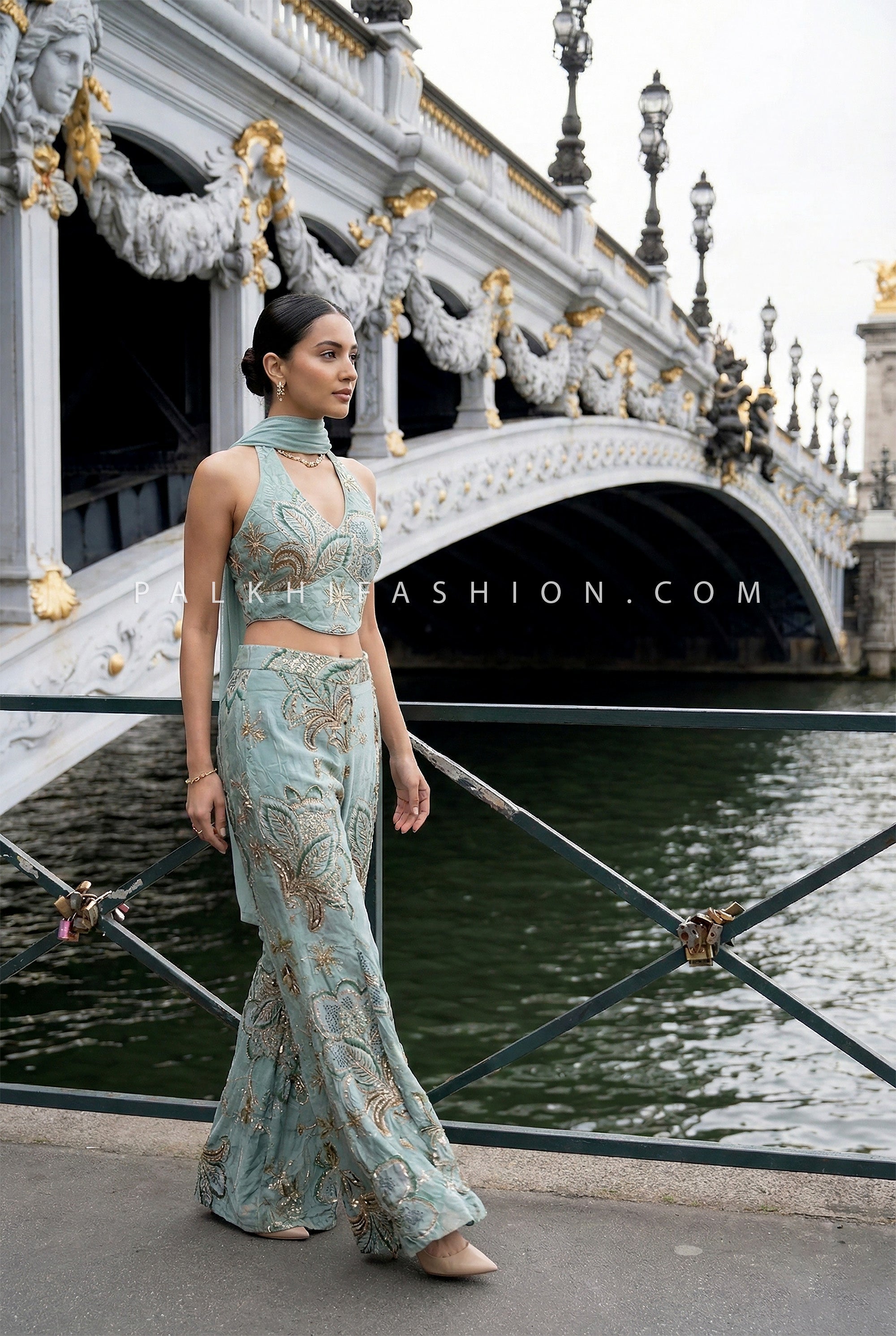 Pastel Glam - Designer Floral Embroidered Palazzo Set with Halter Blouse – Palkhi Fashion