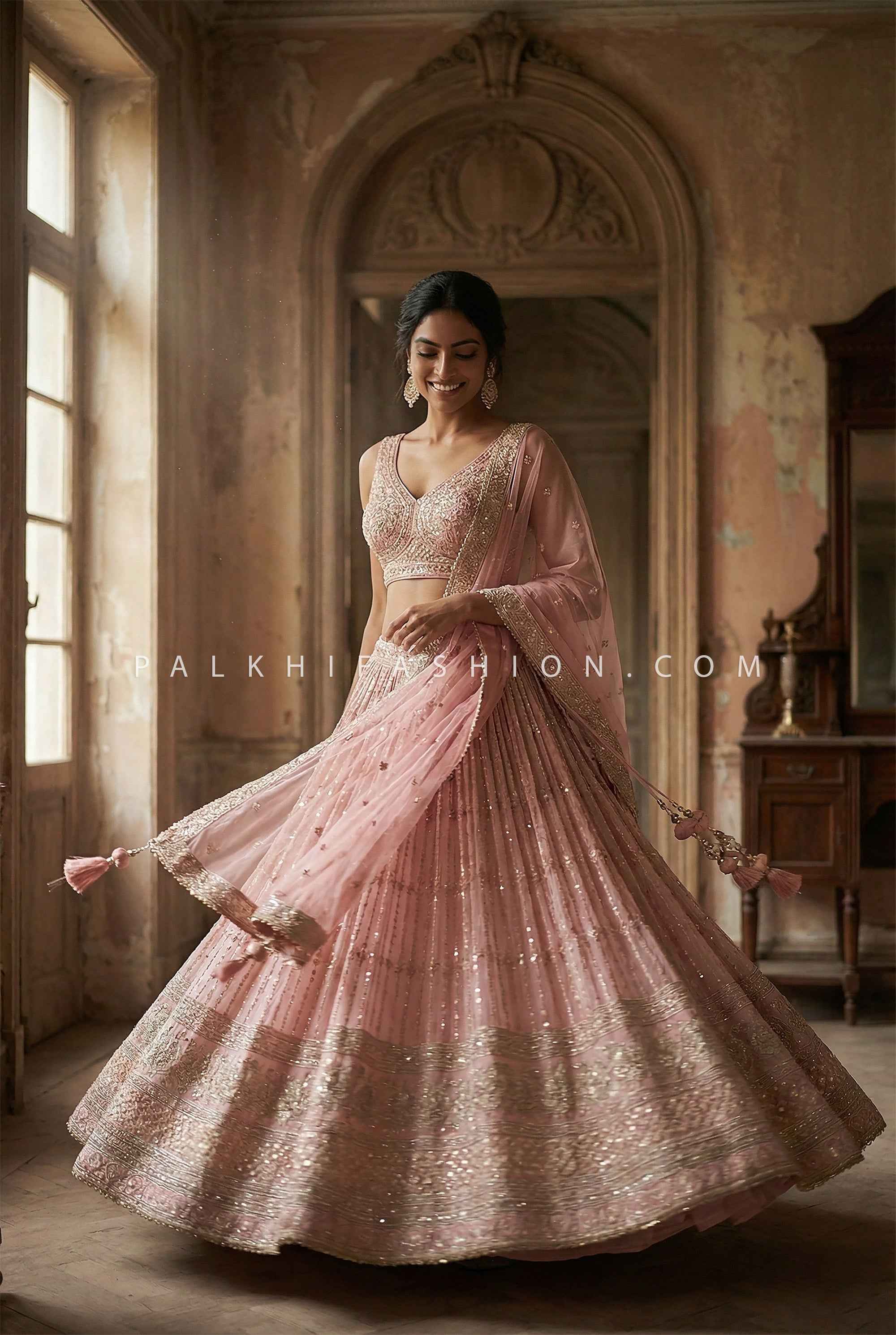 Pastel Glow-Blush Pink Embroidered Designer Lehenga Choli | Palkhi Fashion