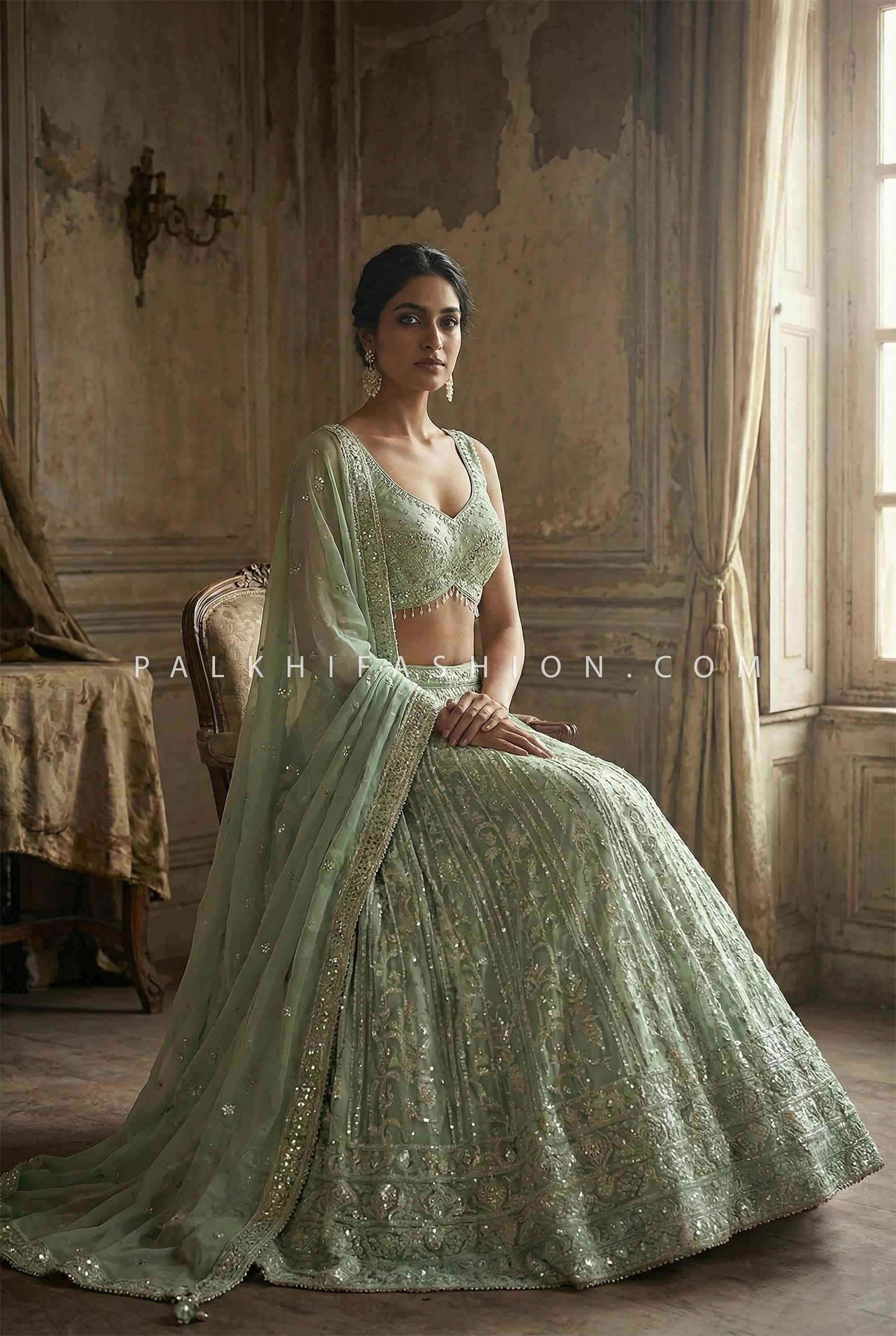 Pastel Grace - Designer Green Handwork Lehenga Set – Designer Festive Wear | Palkhi Fashion