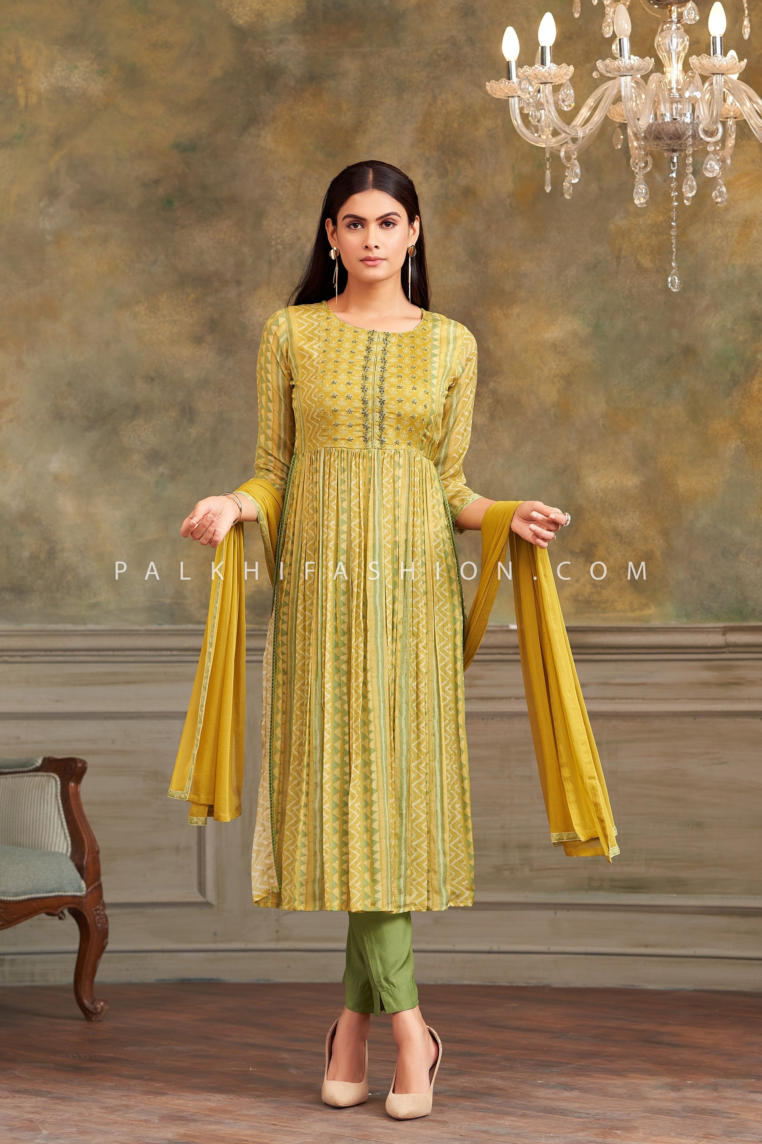 ✨ Pastel Grace: Yellow - Green Naira Cut Salwar Kameez – Palkhi Fashion