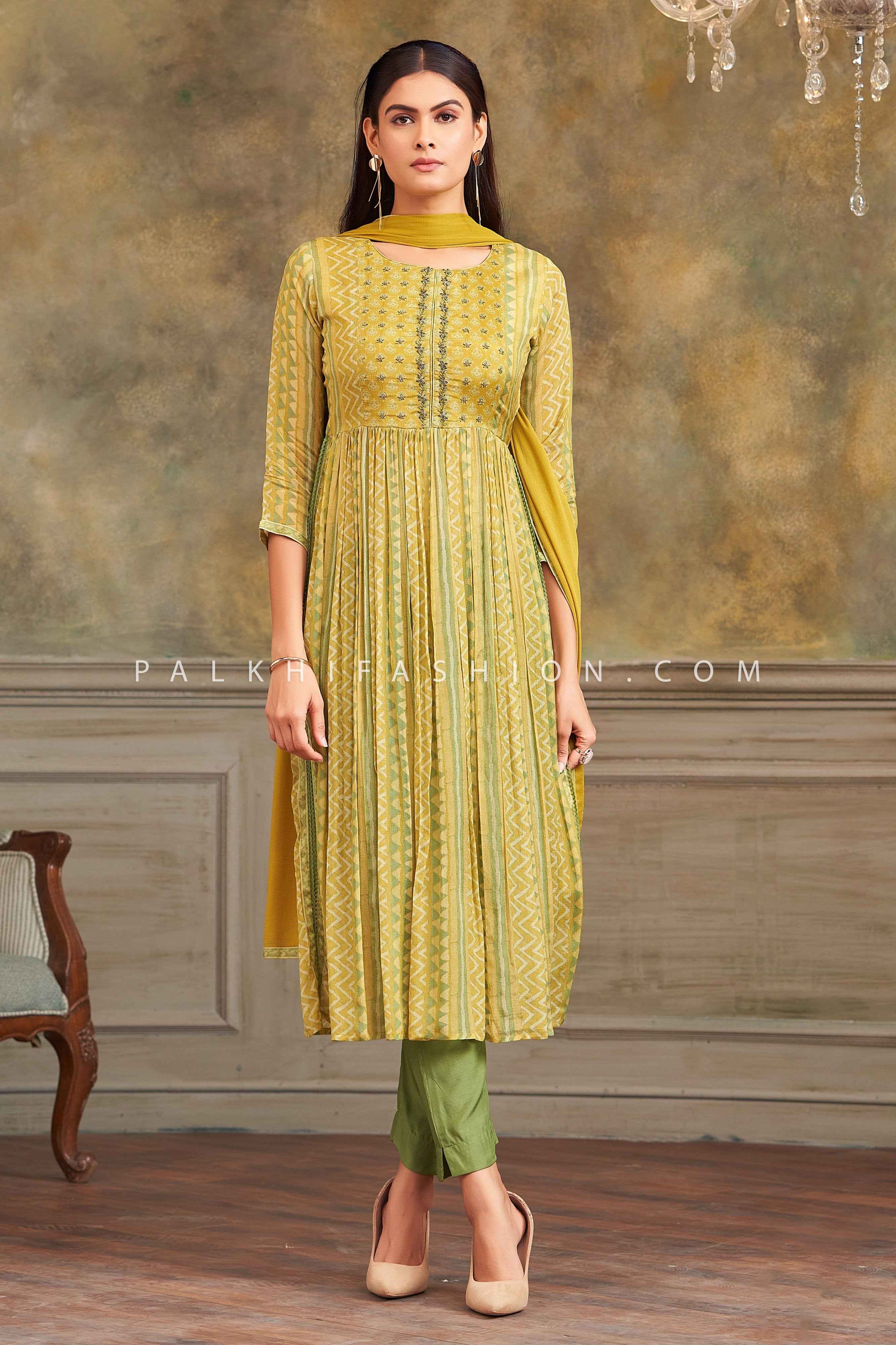 ✨ Pastel Grace: Yellow-Green Naira Cut Salwar Kameez – Palkhi Fashion