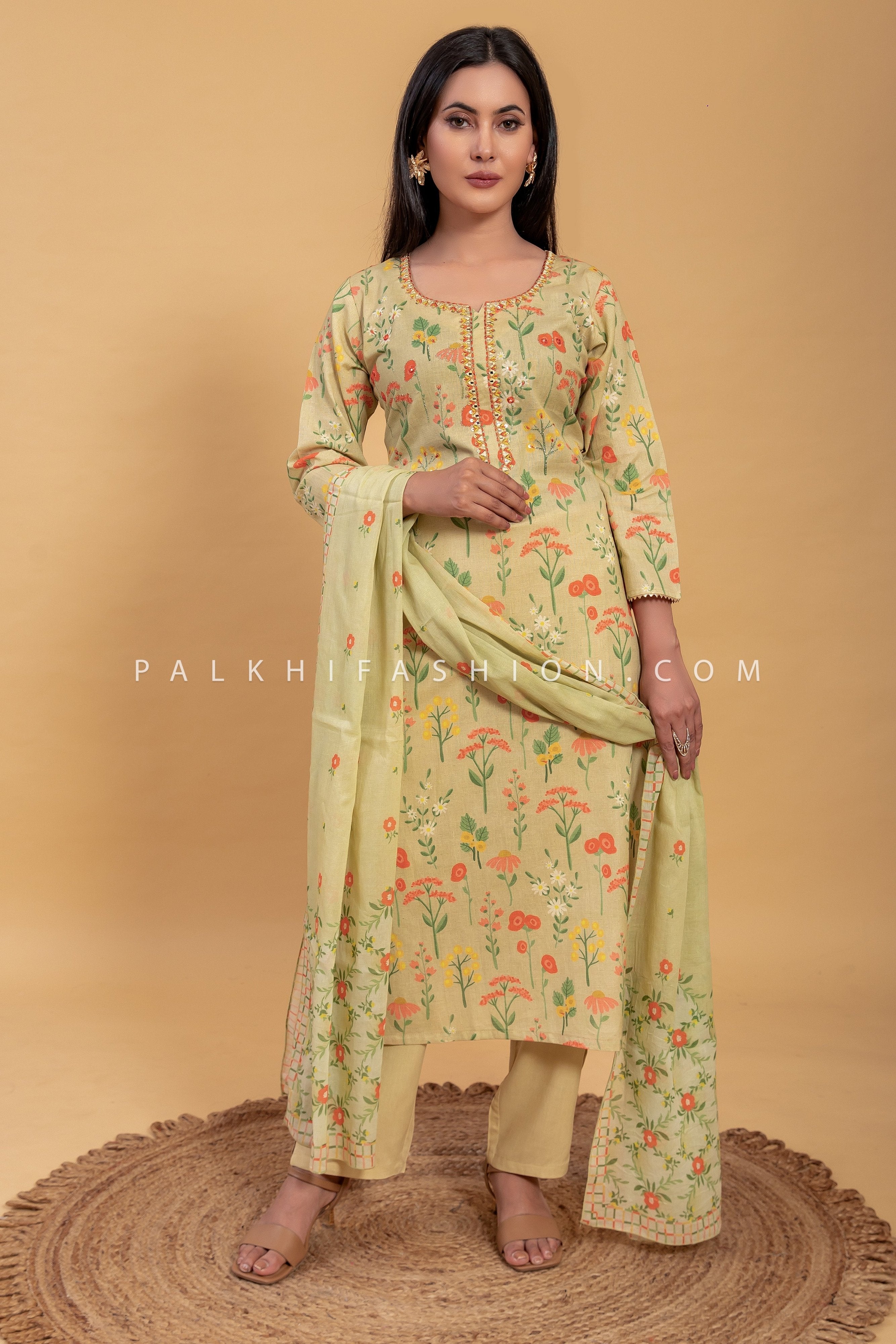 Pastel Yellow Linen Slub Straight Suit with Appealing Prints – Palkhi Fashion
