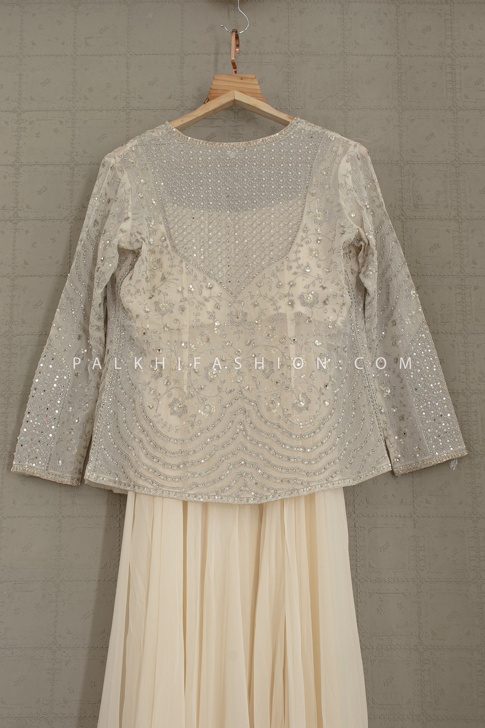 Pearl Glow: Off - White Indo - Western Palazzo Suit with Crop Top & Jacket – Palkhi Fashion