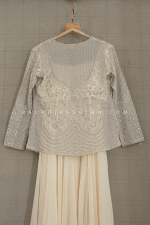 Pearl Glow: Off - White Indo - Western Palazzo Suit with Crop Top & Jacket – Palkhi Fashion
