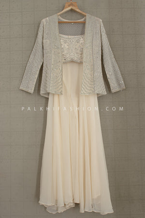 Pearl Glow: Off - White Indo - Western Palazzo Suit with Crop Top & Jacket – Palkhi Fashion